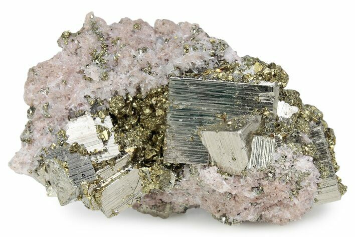 Gleaming Chalcopyrite and Cubic Pyrite on Rhodochrosite - Peru #382030